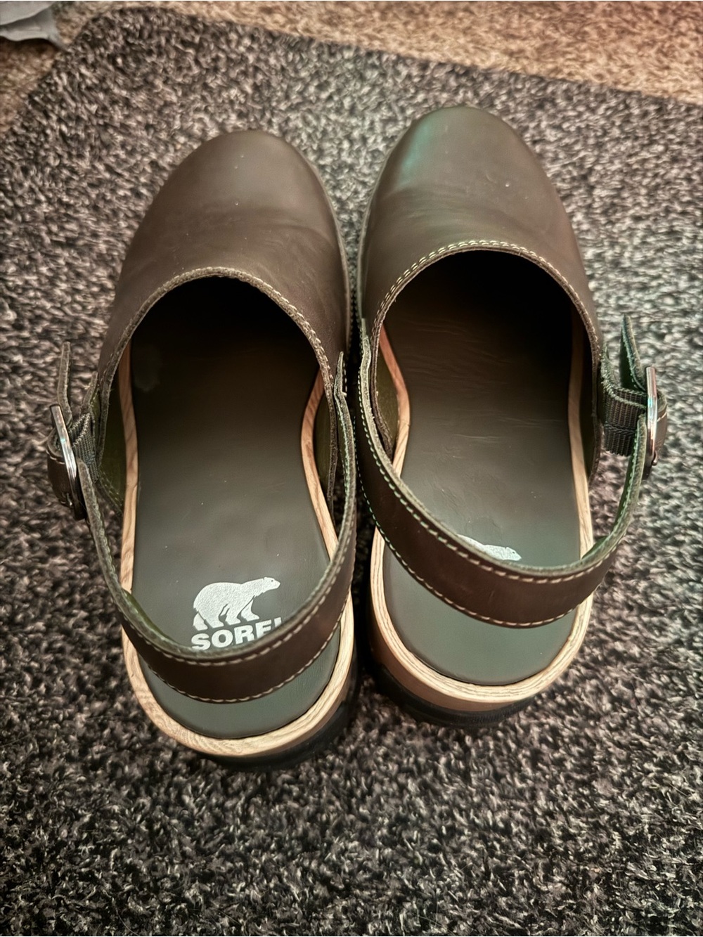 Sorel Olive Brown Leather Clog Mules with Wood Heel - Picture 4 of 5